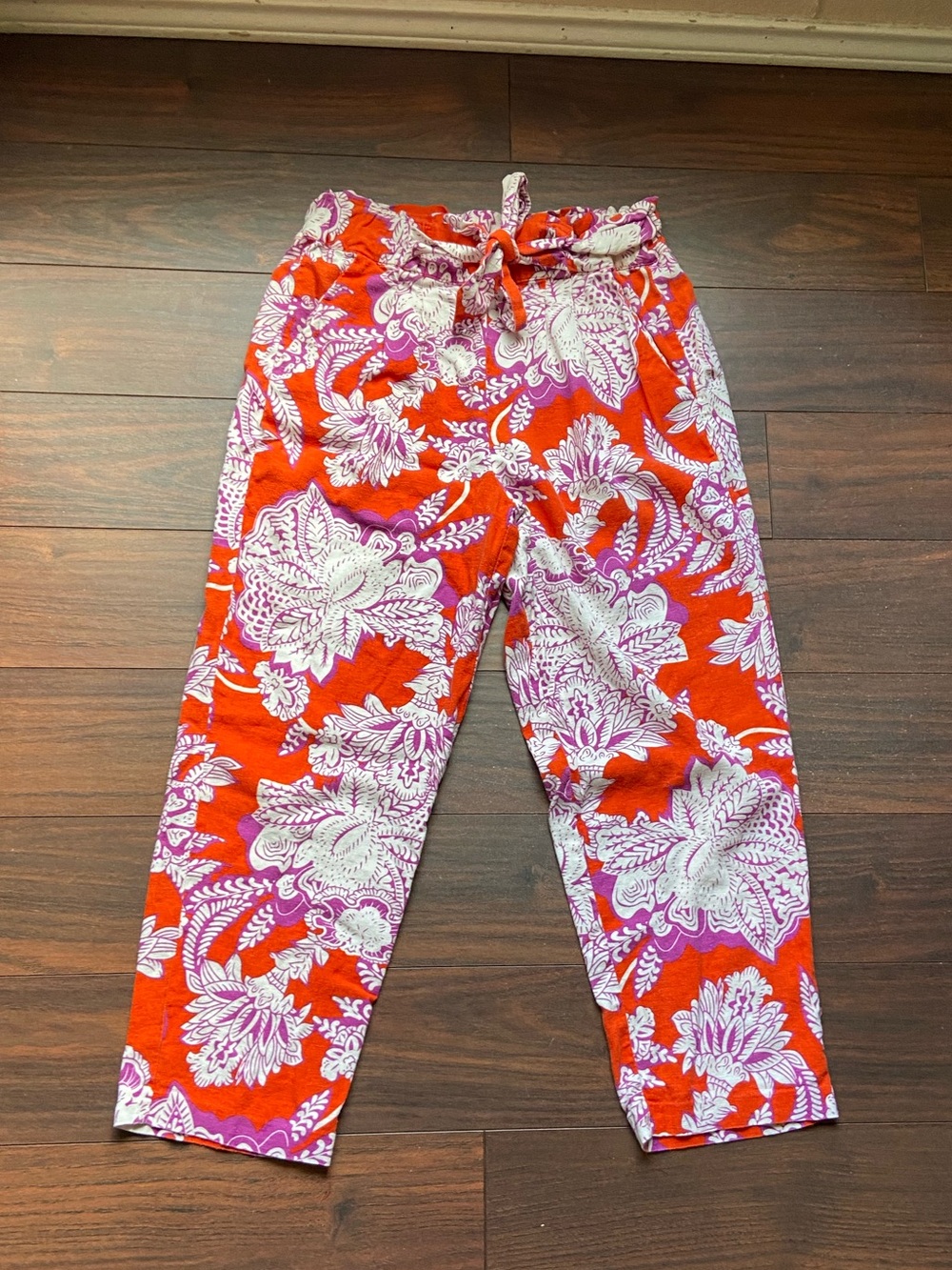 BOHO FLORAL LINEN BLEND TIE WAIST PANTS W/ POCKETS WOMEN S